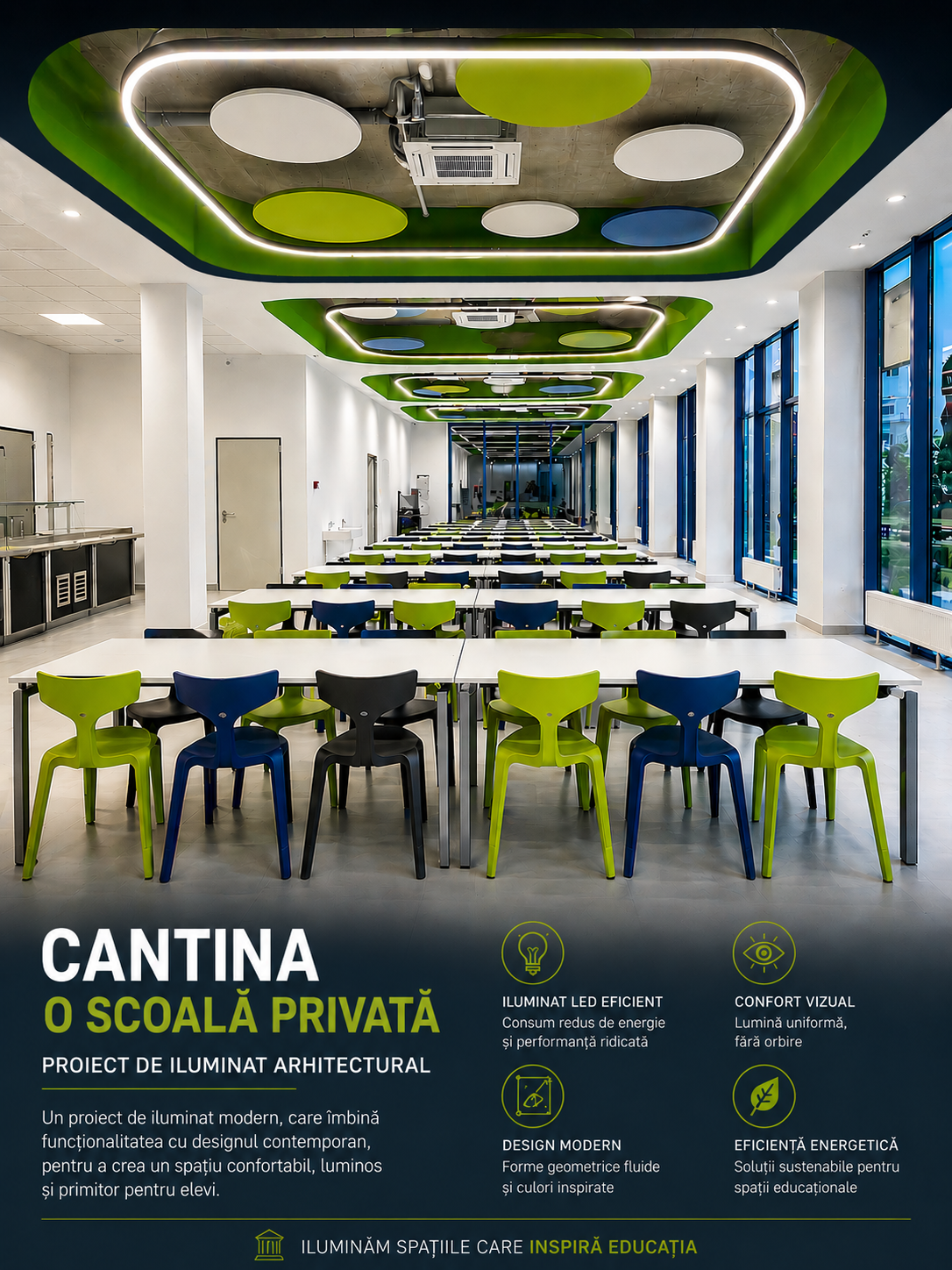 Cafeterie modernă într-o școală privată – Corpuri de iluminat personalizate, realizate la comandă Cafeterie modernă într-o școală privată – Corpuri de iluminat personalizate, realizate la comandă