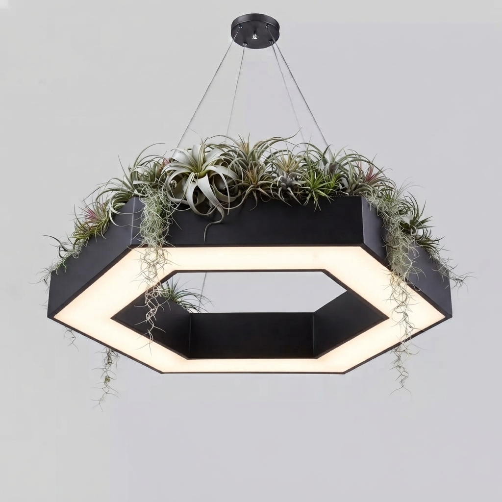 Corp de iluminat LED hexagonal cu plante artificiale Corp de iluminat LED suspendat hexagonal cu plante decorative