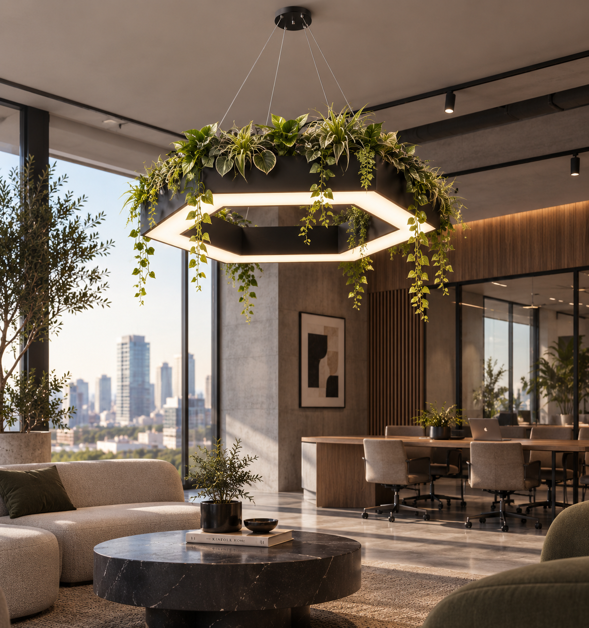 Corp de iluminat LED hexagonal cu plante artificiale