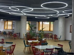 corpuri de iluminat circulare LED personalizate instalate într-un restaurant modern