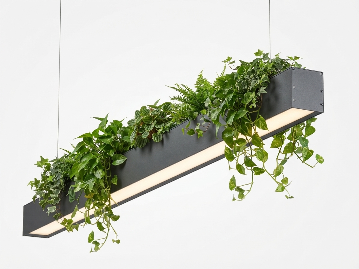 corp de iluminat liniar cu plante decorativa Corp de iluminat LED liniar suspendat cu plante decorative artificiale montat în mediu arhitectural modern