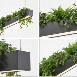 Corp de iluminat LED liniar suspendat cu plante decorative artificiale montat în mediu arhitectural modern