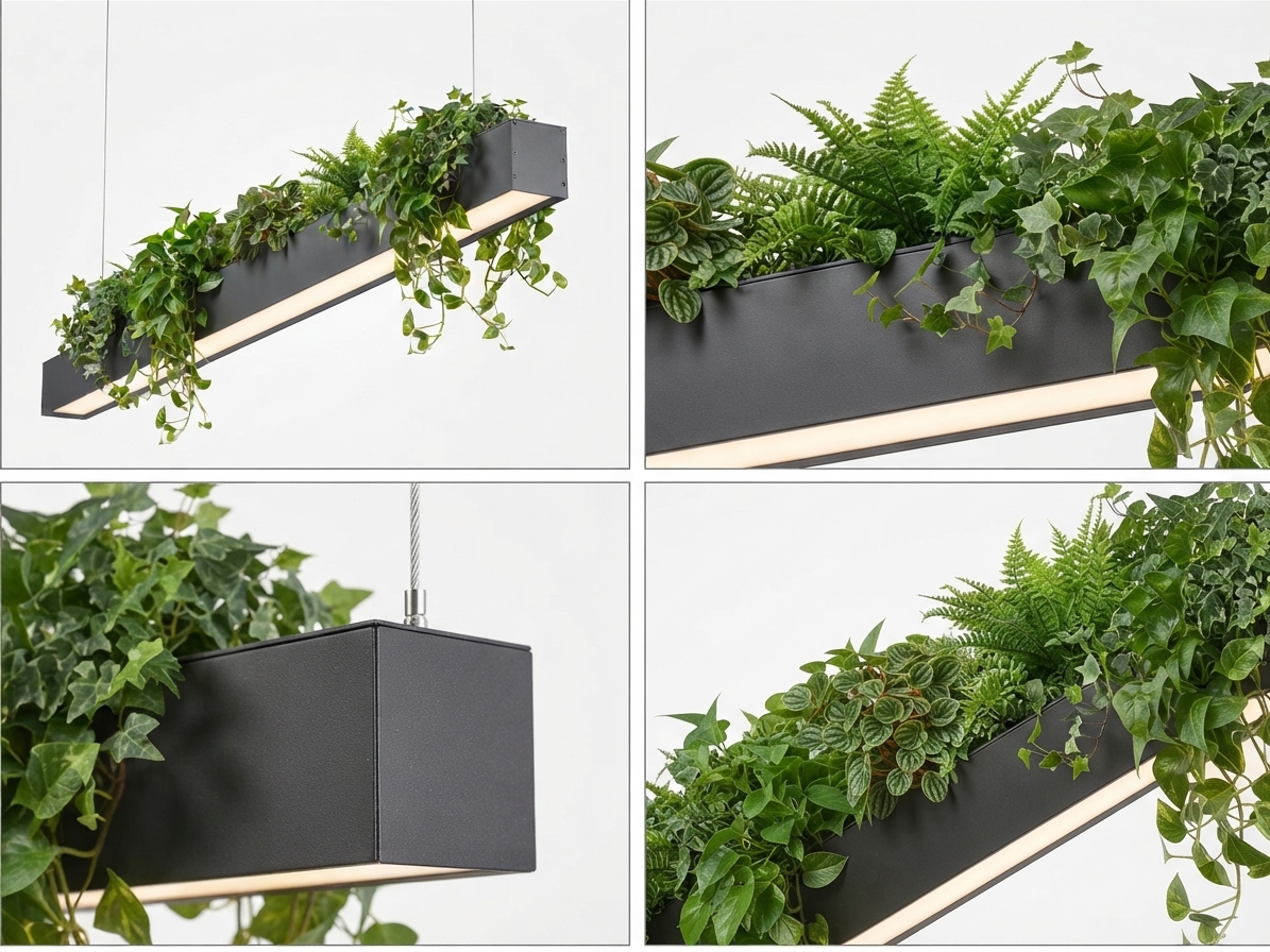 corp de iluminat liniar cu plante decorativa-2 Corp de iluminat LED liniar suspendat cu plante decorative artificiale montat în mediu arhitectural modern