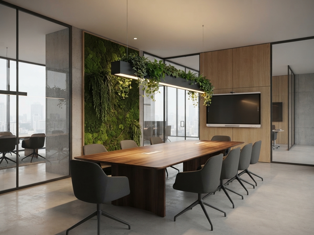 corp de iluminat liniar cu plante decorativa-în Birou Modern Corp de iluminat LED liniar cu plante decorative instalat într-o sală de ședințe modernă de birou
