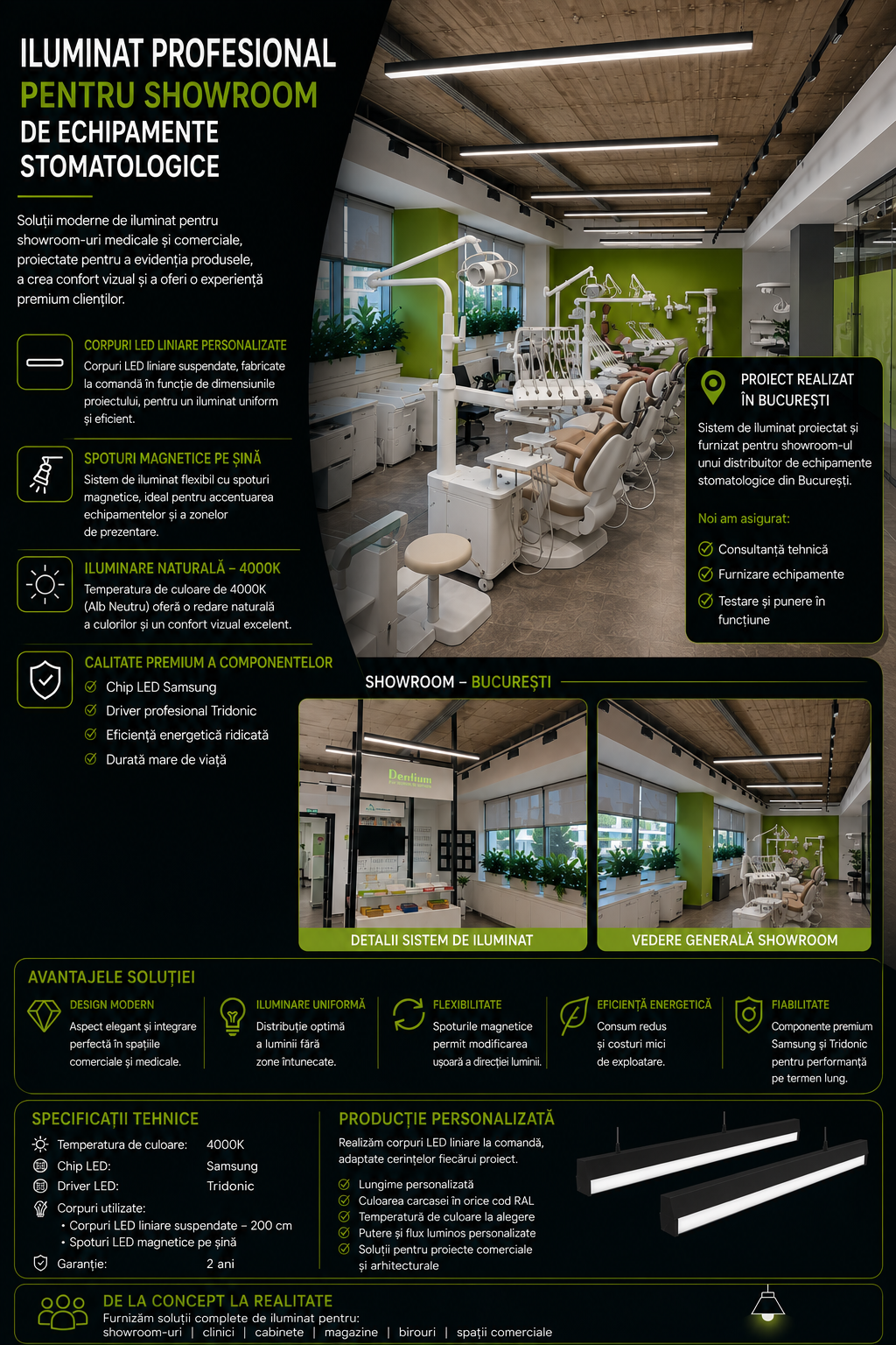 proiect-iluminat-showroom-echipamente-stomatologice-bucuresti Iluminat profesional pentru showroom de echipamente stomatologice din București, realizat cu corpuri LED liniare personalizate și spoturi magnetice pe șină.
